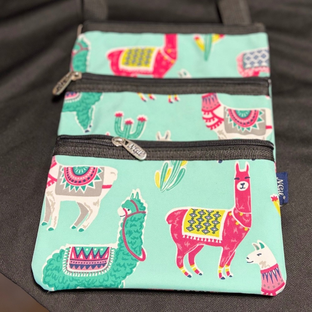 NGIL Llama Crossbody Organizer Bag Triple Zip Travel Purse Turquoise Pink